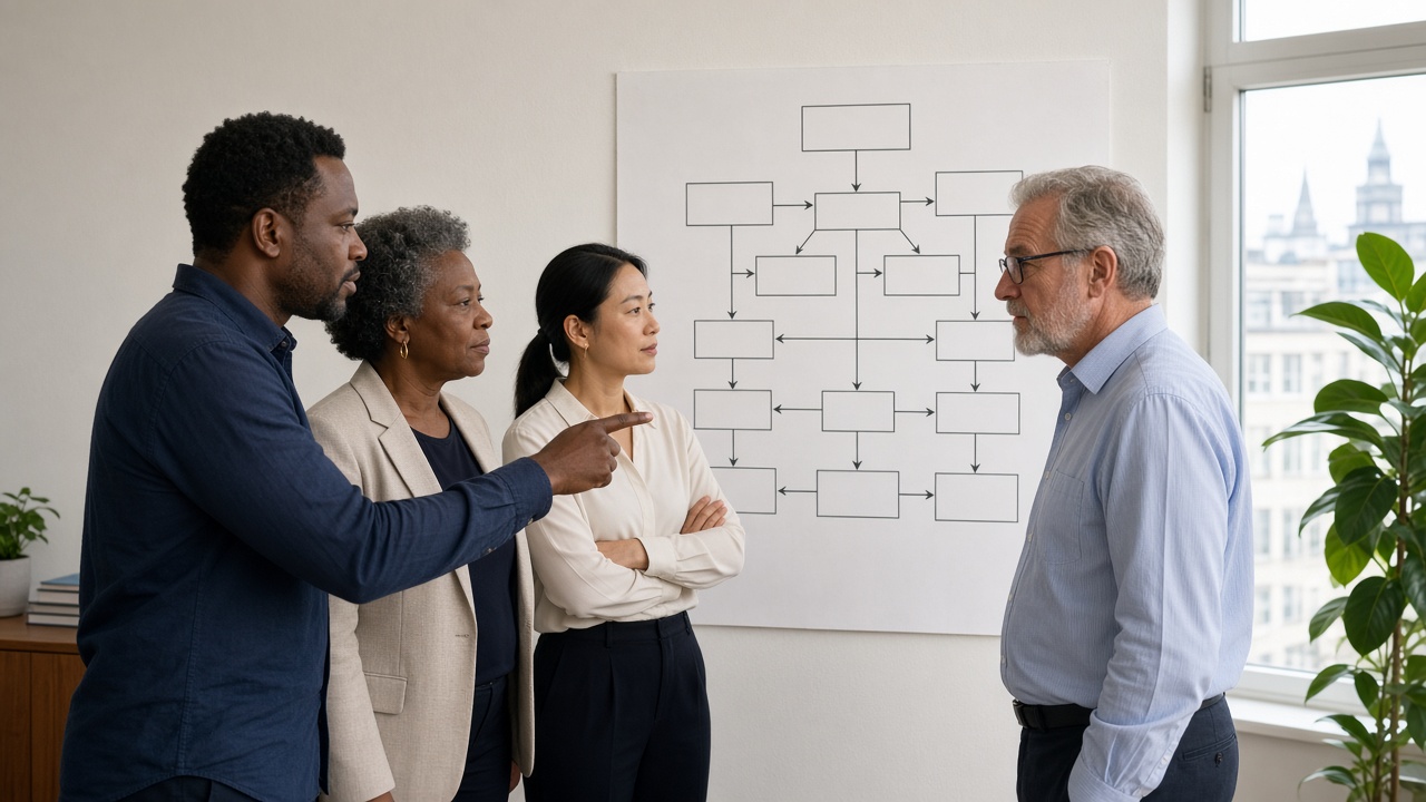 Vier Personen besprechen an der Wand ein Flussdiagramm aus leeren Kästen