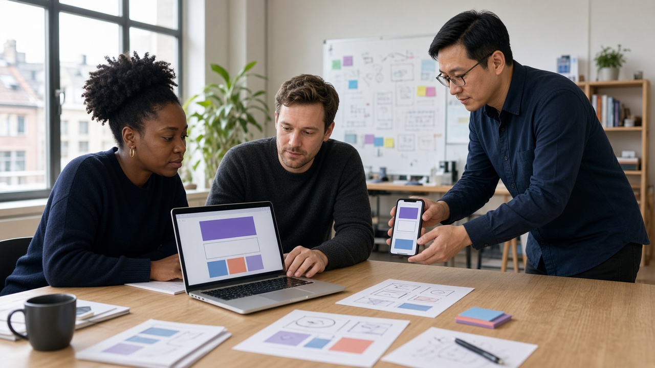 Drei Personen prüfen am Tisch einen Prototyp auf Laptop und Handy