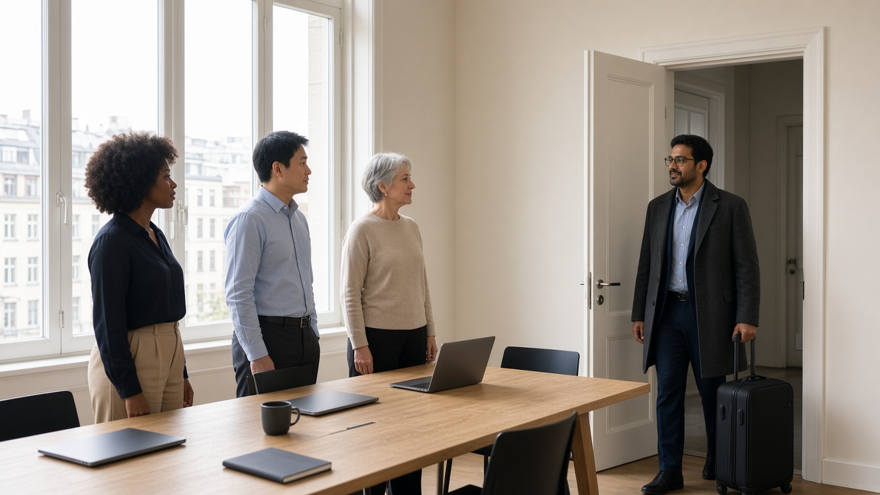 Vier Kolleginnen und Kollegen in einem hellen Büro, eine Person kommt mit einem Koffer zur Tür herein